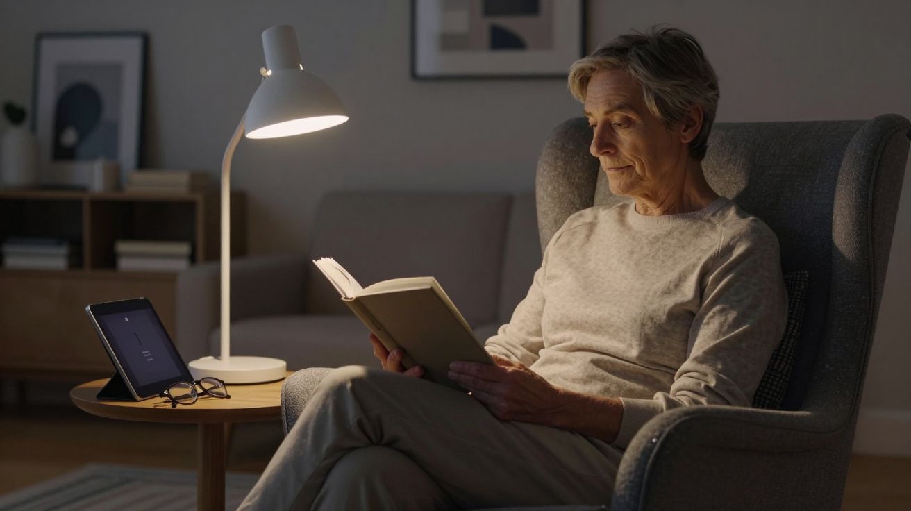 Elderly man reading a book in a cosy armchair under a lamp, with a tablet and glasses on a side table.
