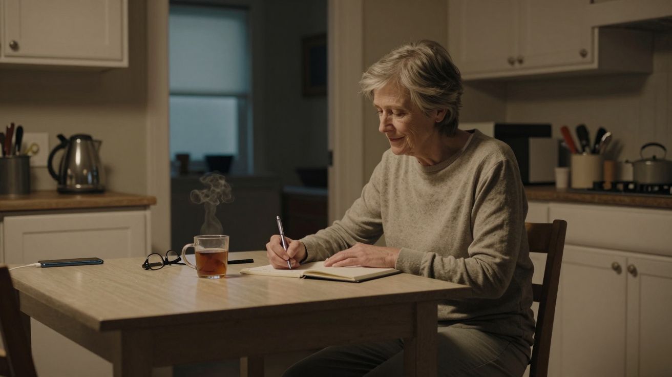Older woman writing at kitchen table with a cup of tea and glasses beside her.