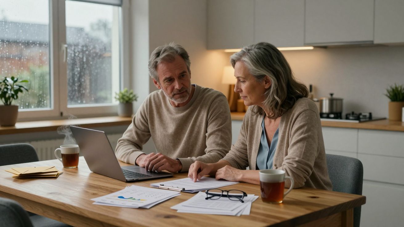 Older couple reviewing documents at dining table with laptop and cups of tea nearby.