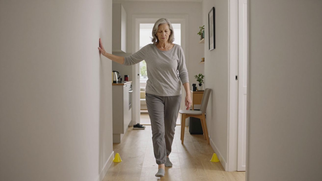 Woman balancing in hallway, touching wall for support, two yellow cones on floor, natural light from window ahead.