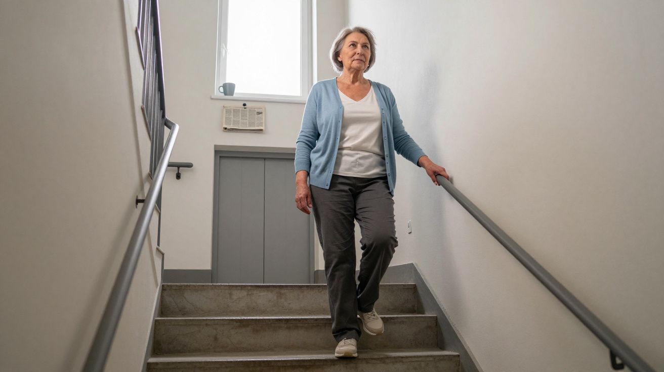 Elderly woman in a blue cardigan descends a staircase, holding the handrail in a well-lit stairwell.
