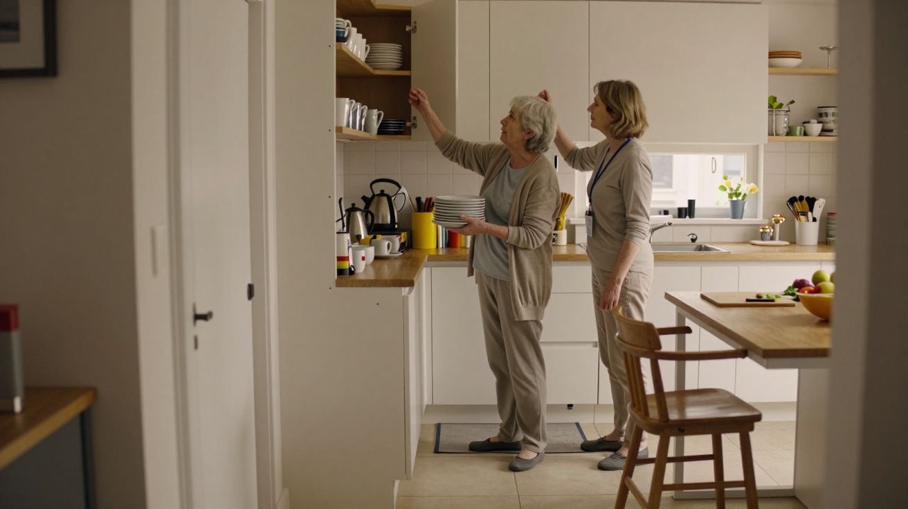 Two women in a kitchen, one reaching for teacups on a shelf, the other holding plates, surrounded by kitchen items.