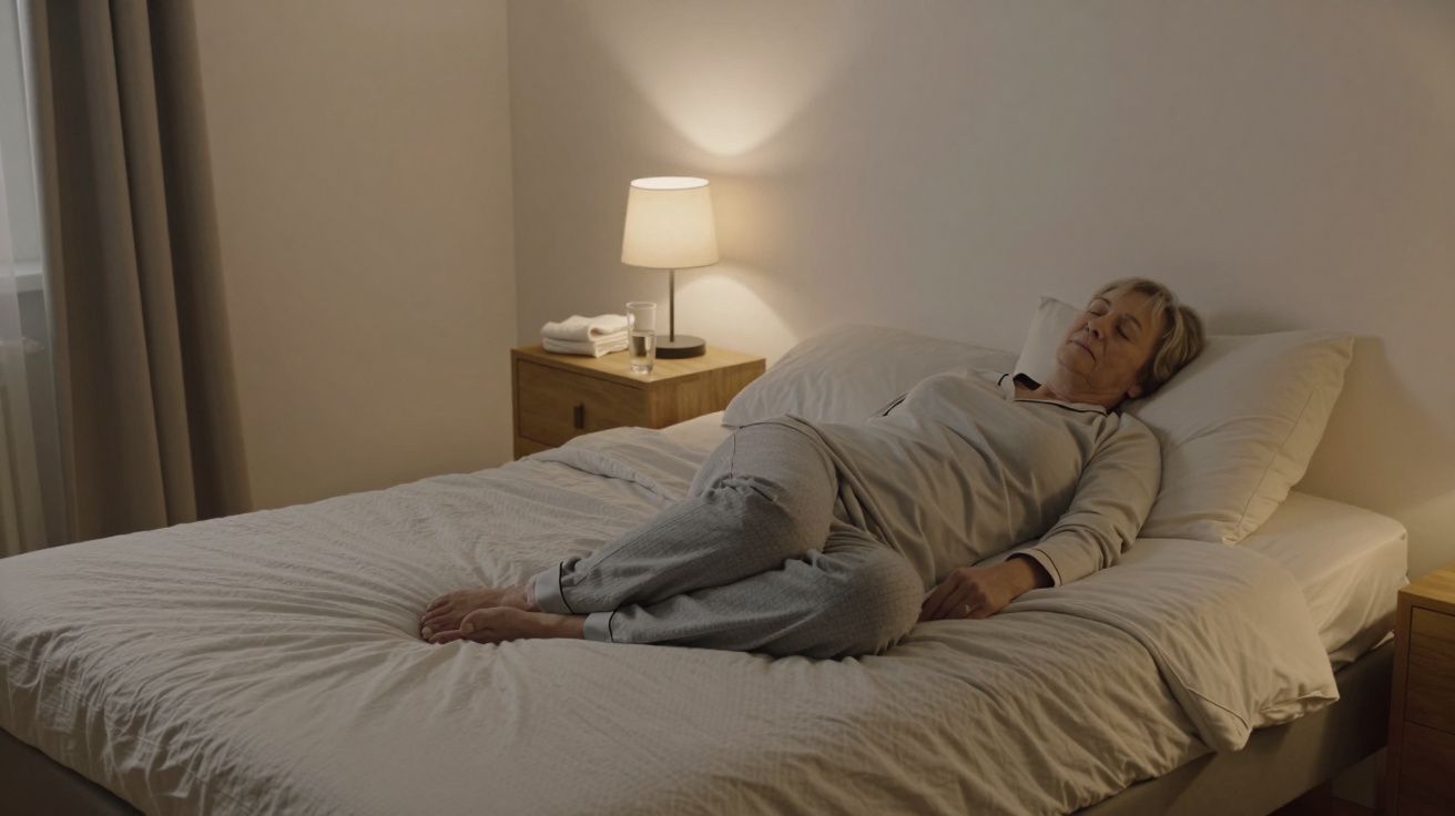 Older woman in pyjamas rests on bed in softly lit room, with a lamp on the bedside table.