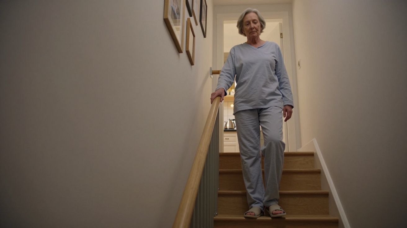 Elderly woman in pyjamas carefully descending wooden staircase, hand on railing, hallway walls adorned with framed pictures.