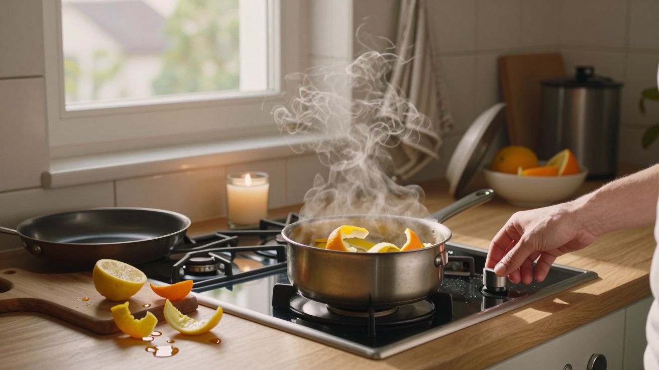 A person stews lemon slices in a pot on a stove, emitting steam, with a lit candle and citrus fruits nearby.
