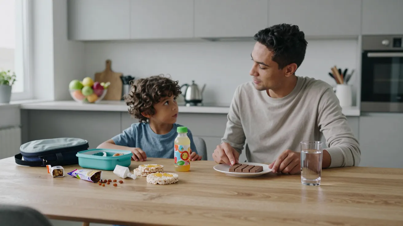 Man and child sitting at a kitchen table with snacks and drinks, engaging in conversation.