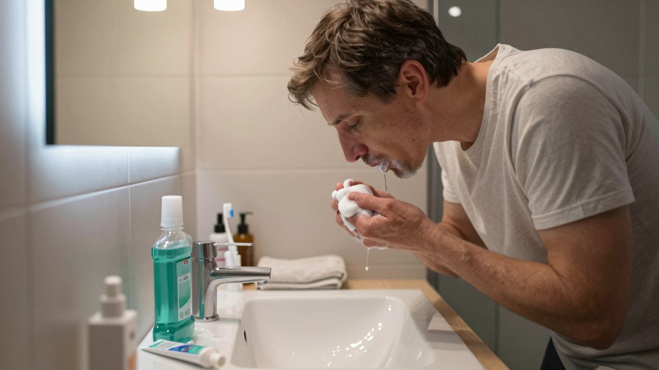 Man rinsing face with water in bathroom over sink, surrounded by toiletries.