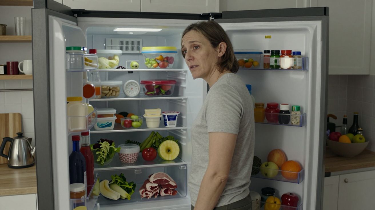 Woman in grey t-shirt stands in front of open fridge filled with various food items in a kitchen setting.