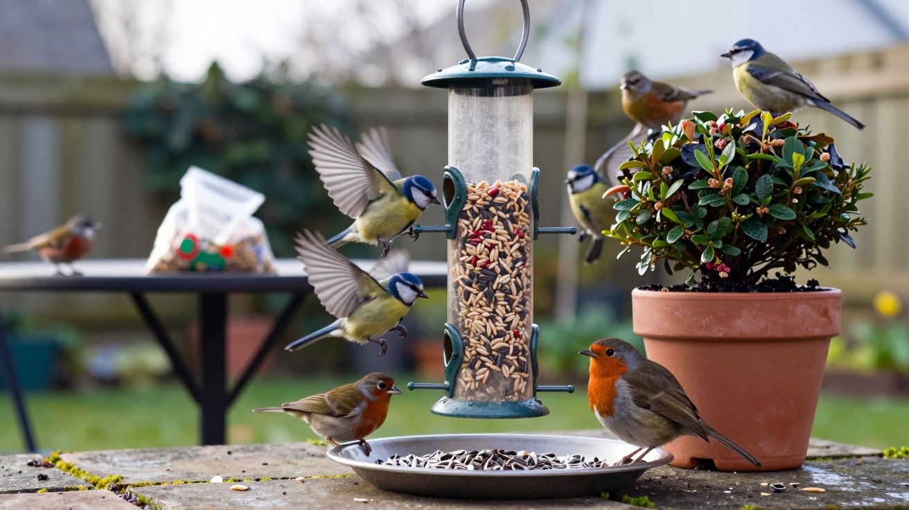 Birds feeding from a garden bird feeder and seeds on a table, surrounded by potted plants and greenery in the background.