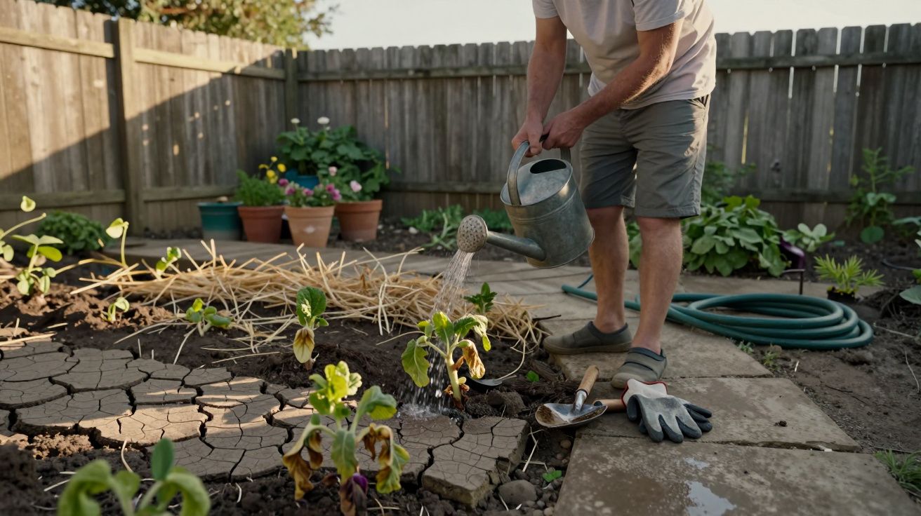 A person waters young plants in a garden with a watering can, surrounded by gardening tools and potted flowers.