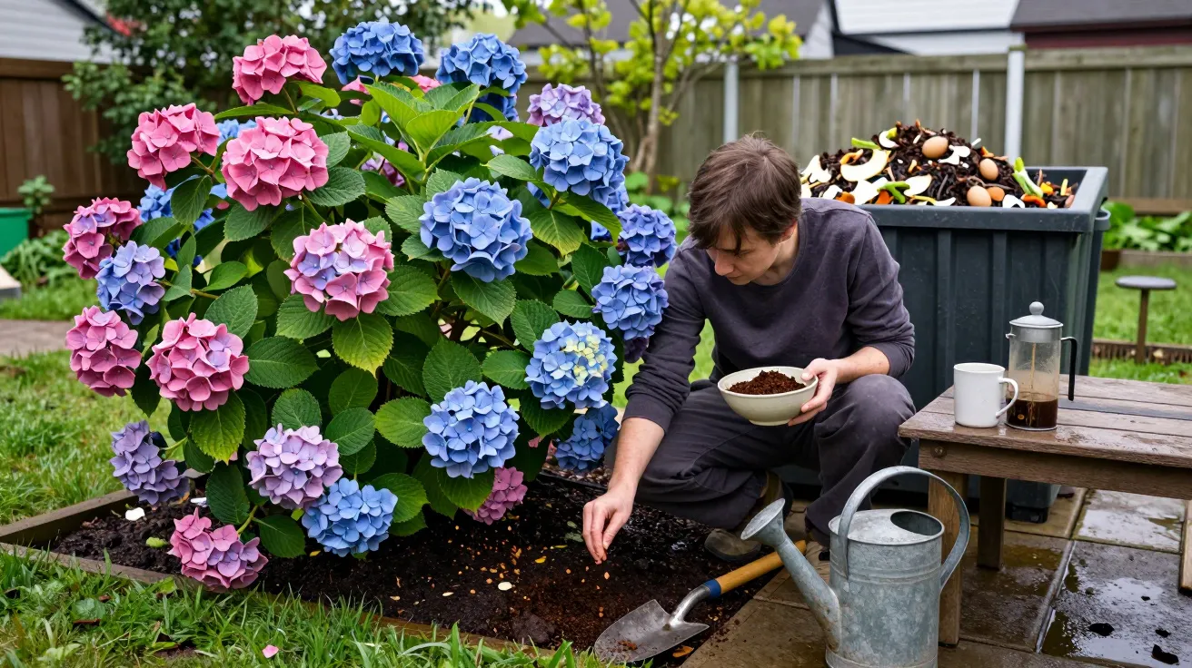 Person planting seeds near a vibrant hydrangea bush with pink and blue flowers, compost bin visible in the background.