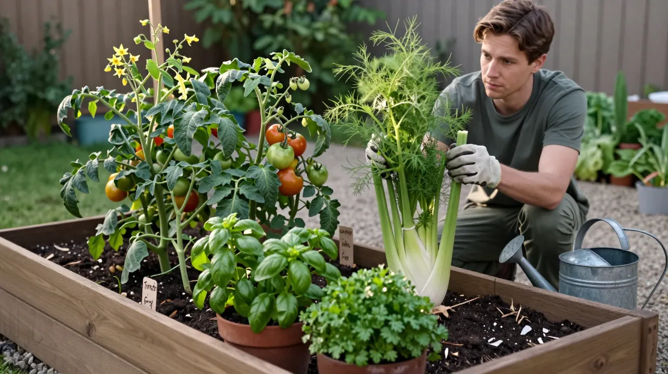 Man gardening, tending to tomatoes and herbs in raised bed, watering can nearby.
