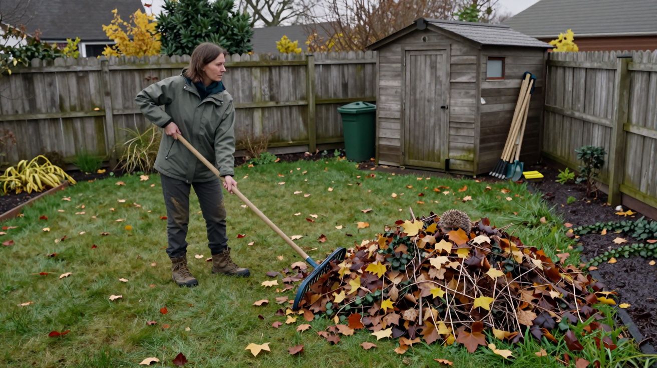 Person raking leaves in a garden near a small wooden shed, with a hedgehog on the leaf pile.
