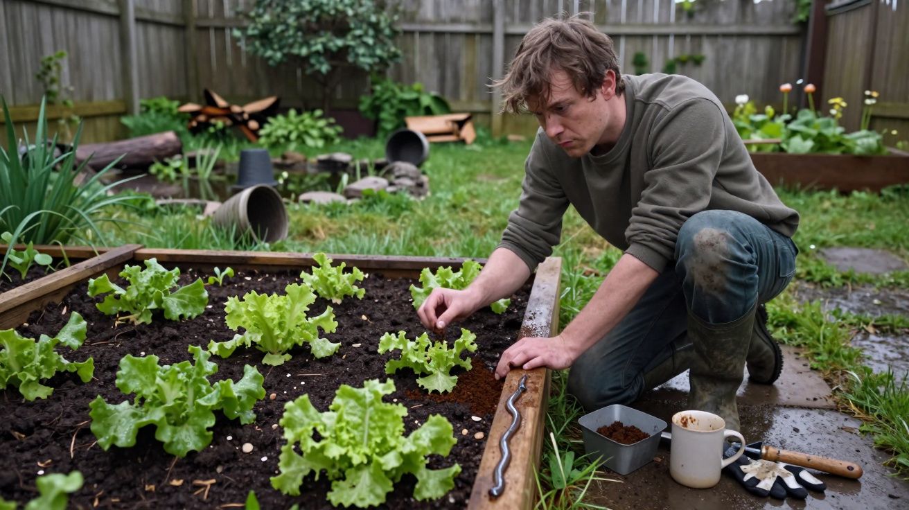 A person kneels by a garden bed, tending to green lettuce plants in a backyard, with gardening tools and a cup nearby.