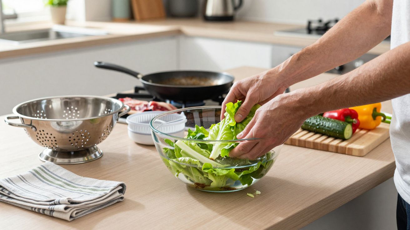 Person preparing a salad in a modern kitchen, with fresh vegetables and a frying pan on the counter.