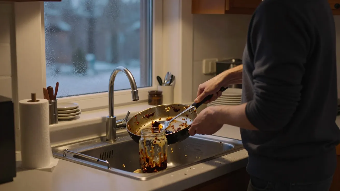 Man cleaning a frying pan with burnt food in a kitchen sink, surrounded by kitchen items, with a snowy window view.