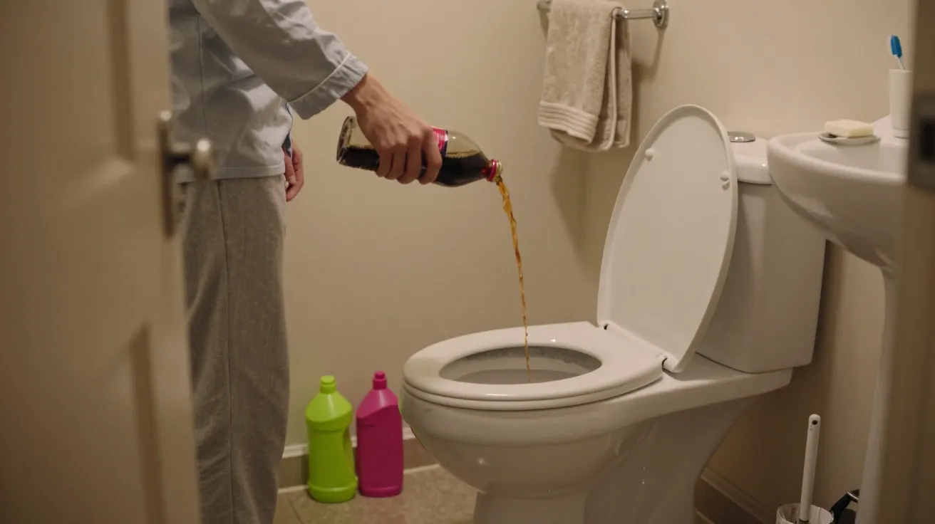 Person pouring cola into a toilet in a bathroom with cleaning products nearby.