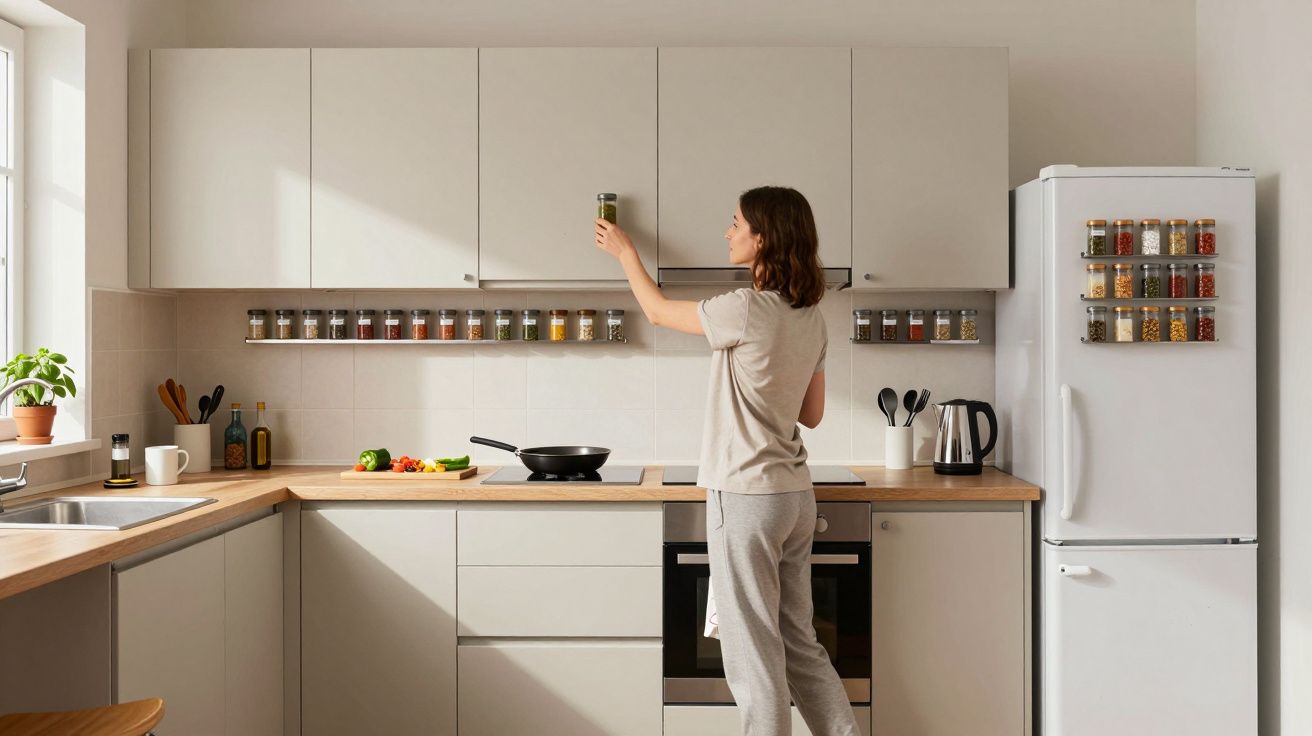 Woman reaching for a spice jar in a modern kitchen with white cabinets, a wooden countertop, and a white fridge.