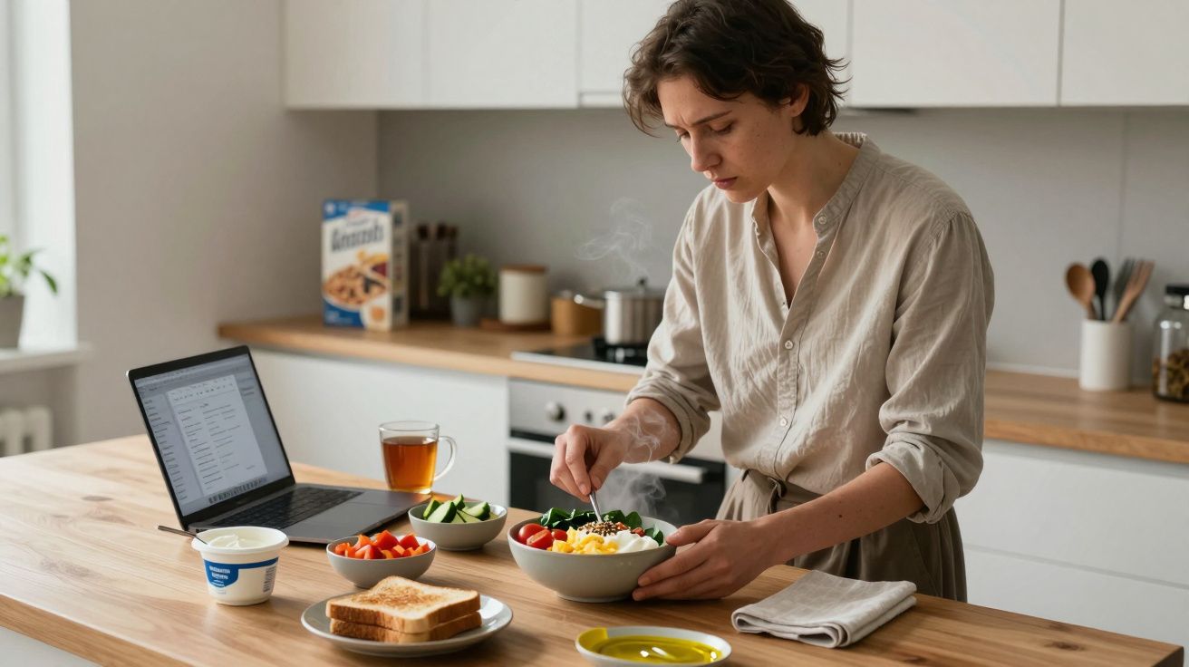 Person preparing a salad in a modern kitchen with a laptop, toast, tea, and yoghurt on a wooden counter.