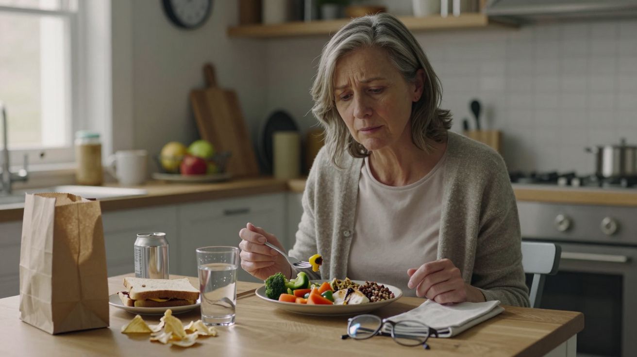 Woman sits in kitchen, eating a plate of vegetables, with a sandwich, crisps, and drink on the table. Glasses nearby.