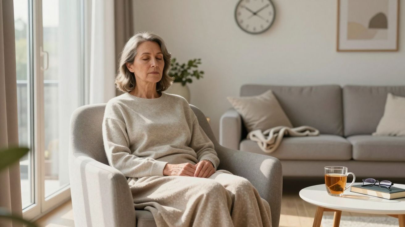 Older woman meditating in a cosy living room, sitting on an armchair with eyes closed, sunlight streaming in from a window.
