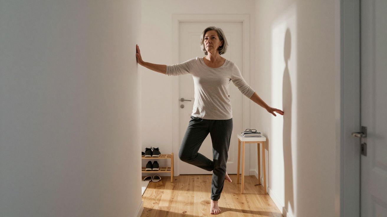 Woman balancing on one leg in a hallway, with one hand on the wall for support, in a bright, minimalist room.