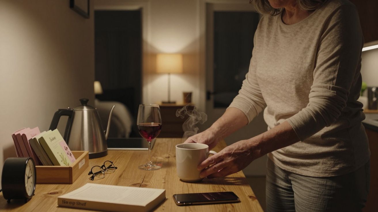 Woman placing steaming mug on a wooden table with a book, smartphone, glasses, and a glass of wine.