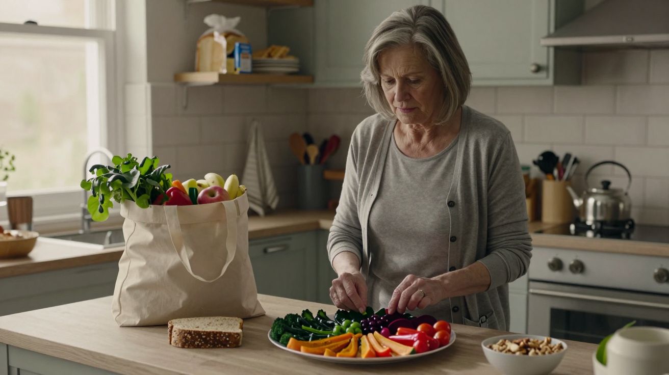 Elderly woman prepares sliced vegetables on kitchen counter with a tote bag of groceries and a bowl of nuts nearby.
