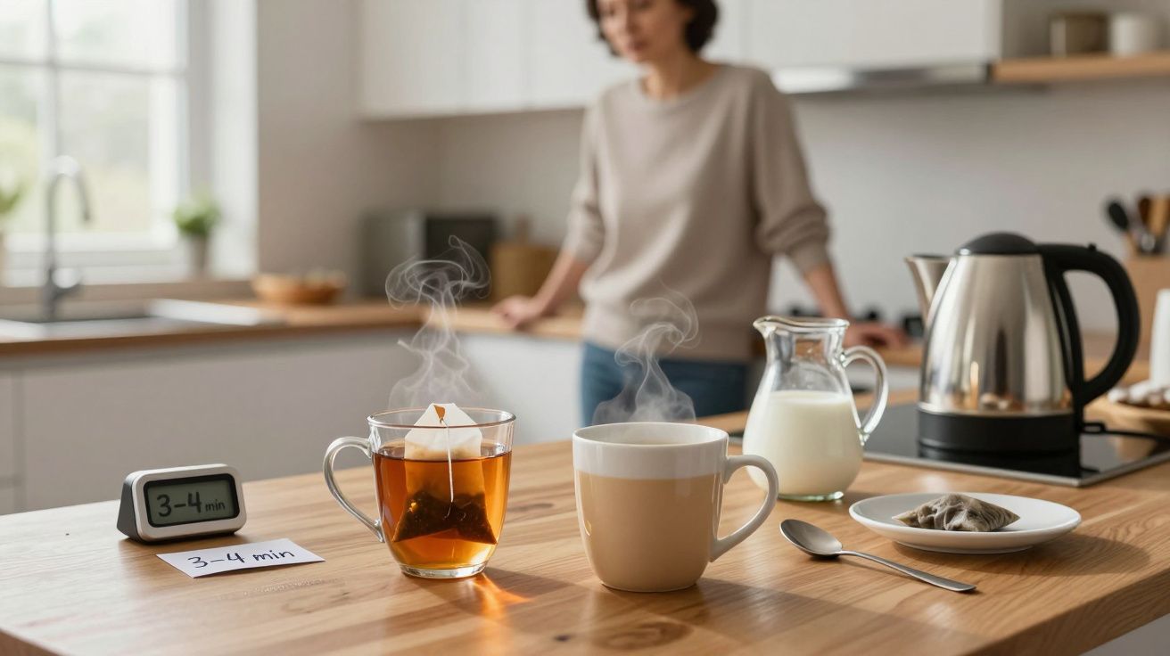 Steaming tea and coffee with timer on kitchen table; blurred person in background near kettle and milk jug.
