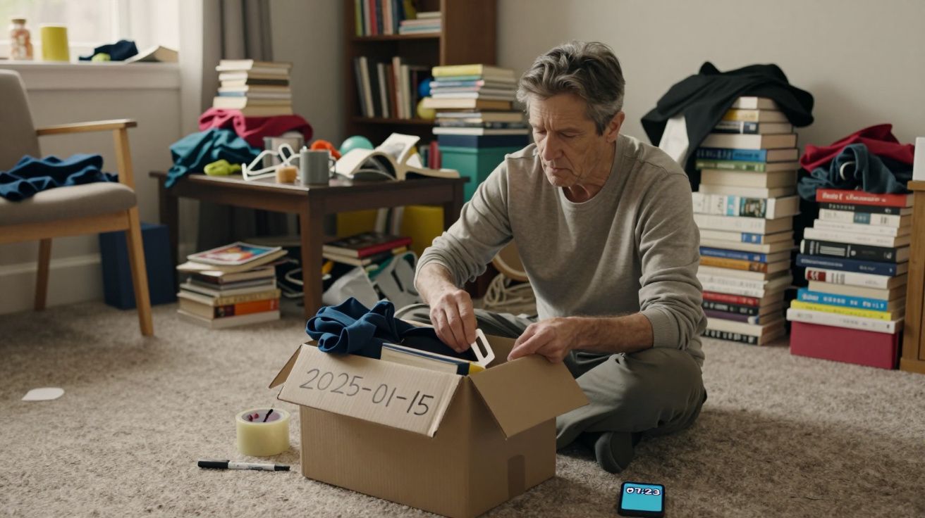 Elderly man packing a cardboard box in a cluttered room with books and clothing around.