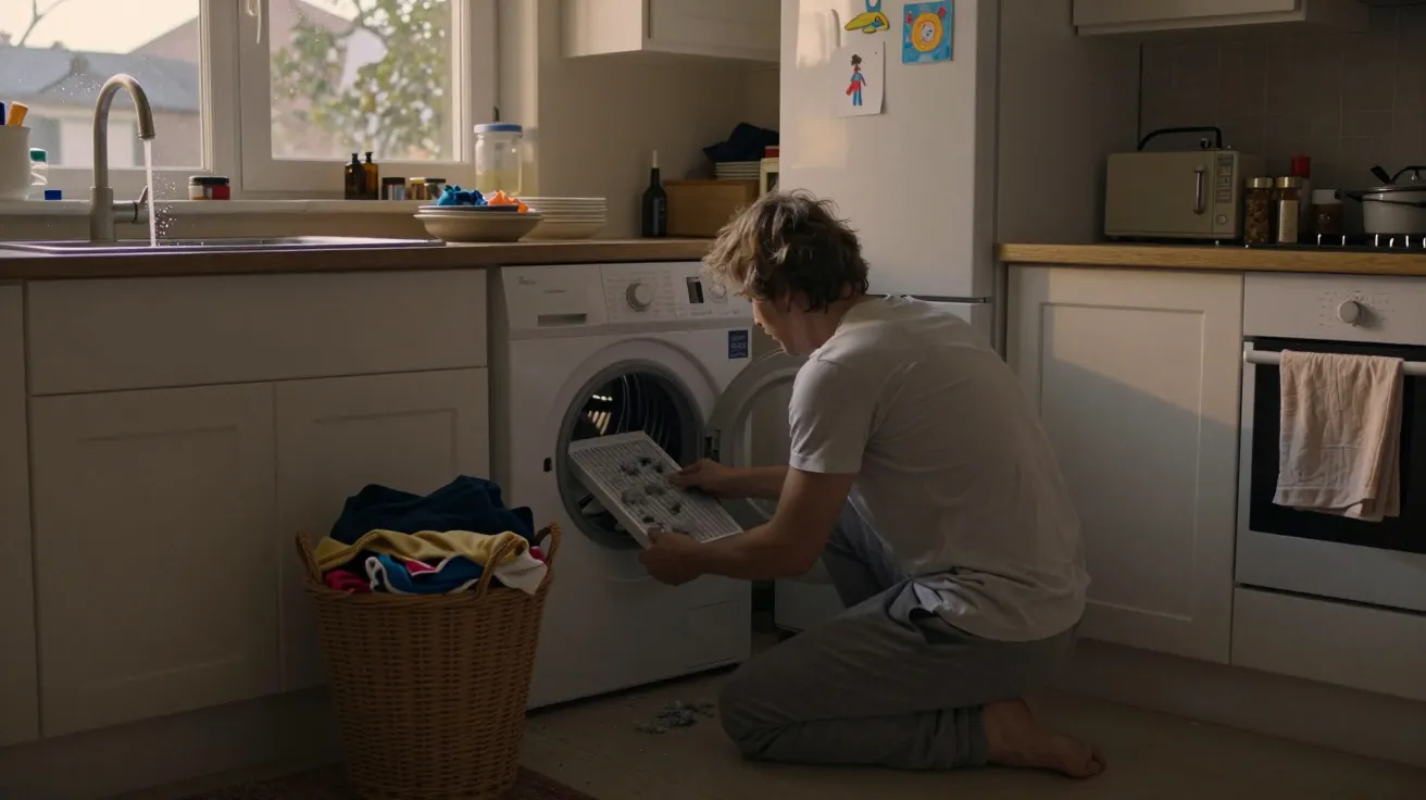 Man kneels beside washing machine, holding detergent box, in kitchen with laundry basket and visible counter clutter.