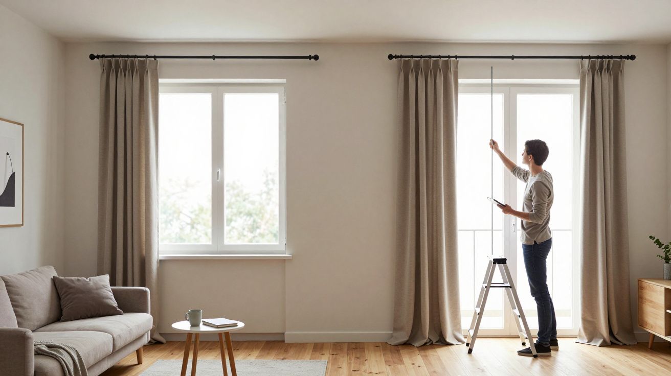 Person measuring window length standing on ladder in a bright living room with beige curtains, sofa, and wooden floor.
