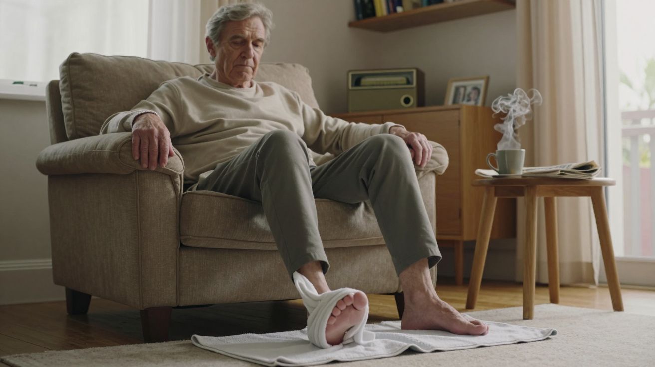 Elderly man sitting in an armchair soaking his feet, with a steaming cup on a side table in a cosy room.