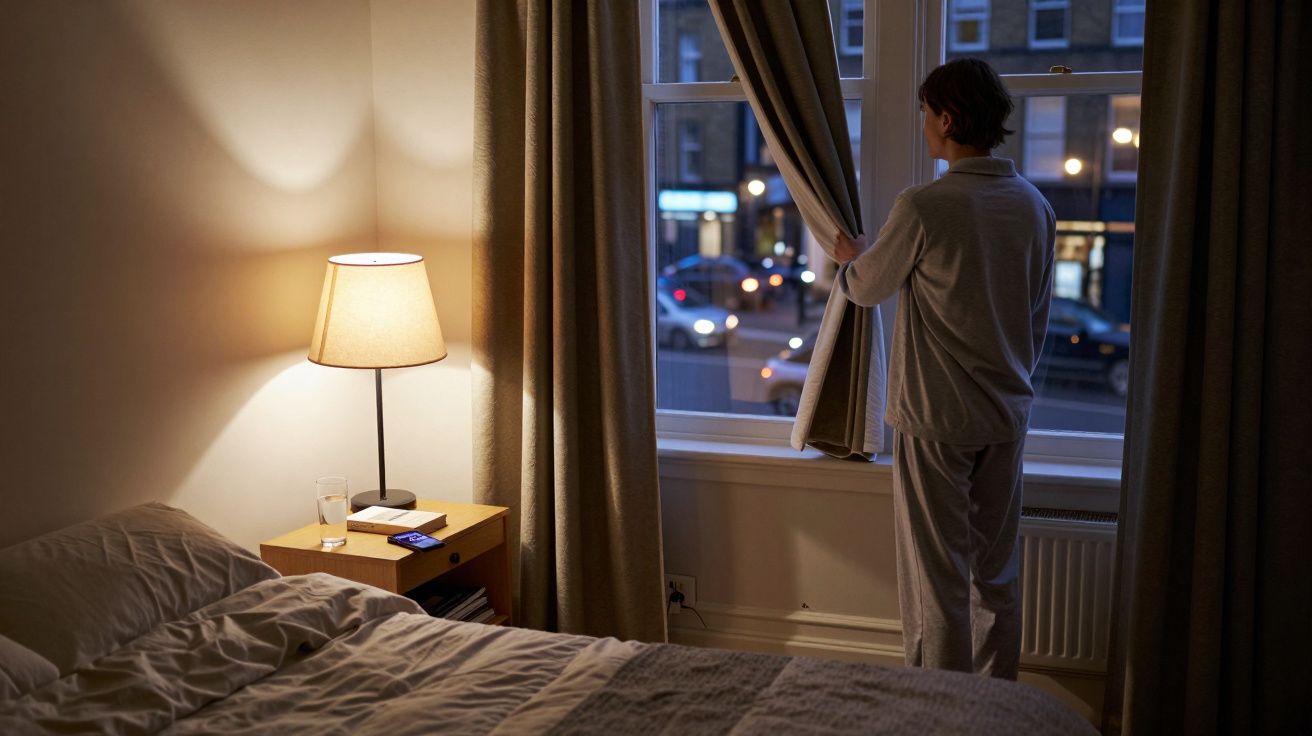 Person in pyjamas stands by a window at night, gazing outside. A lit lamp and bedside items are visible in the cosy room.
