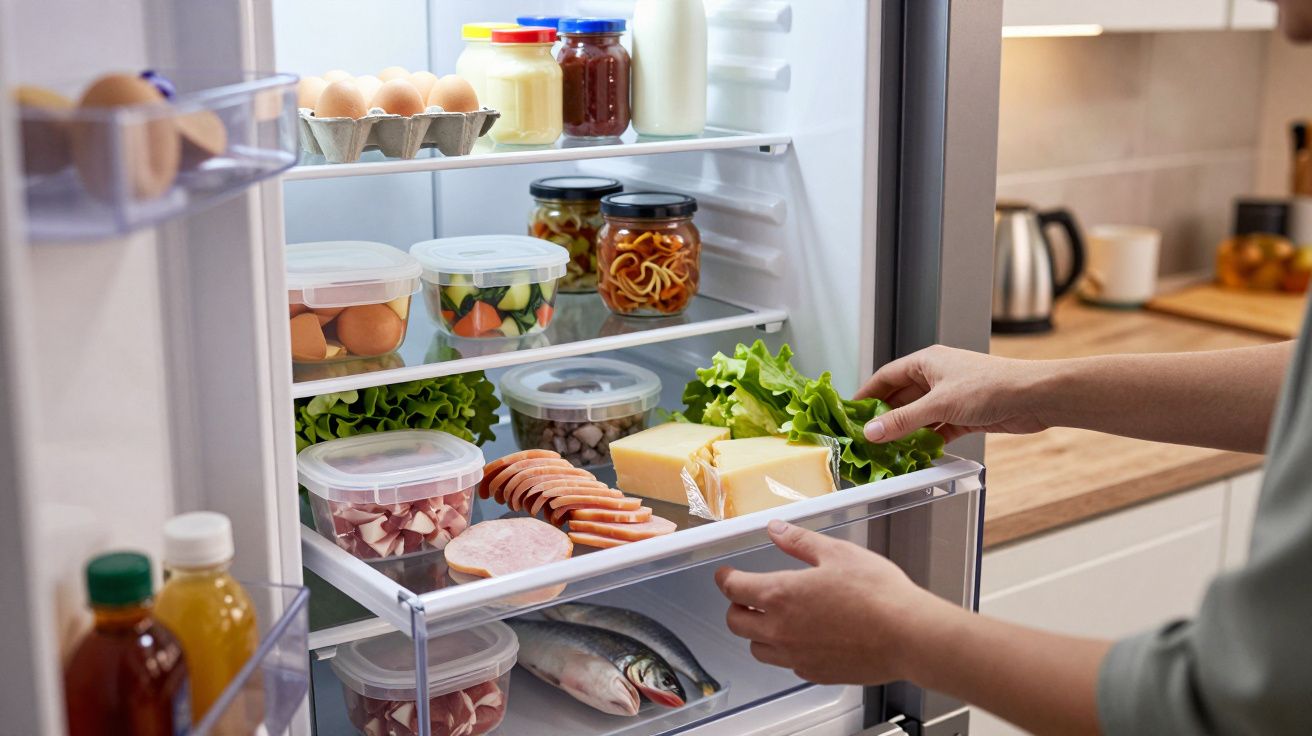Person organises fridge stocked with fresh food, cheese, salads, and jars.
