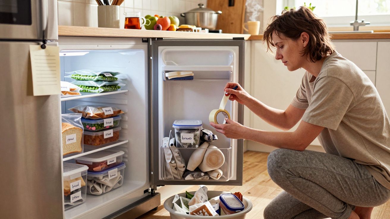Person labelling food containers with tape in a kitchen next to an open freezer filled with organised items.