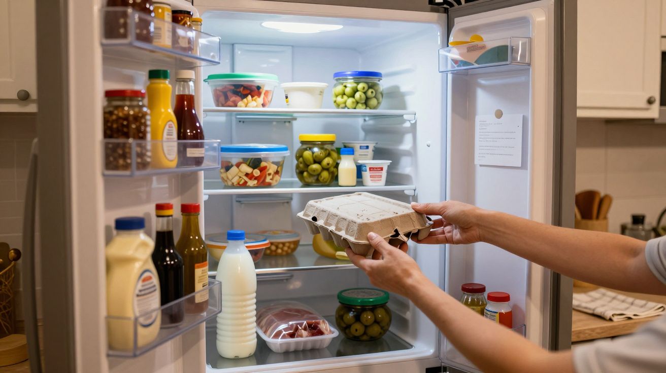 Person placing an egg carton in a well-stocked fridge with various jars, bottles, and food containers.