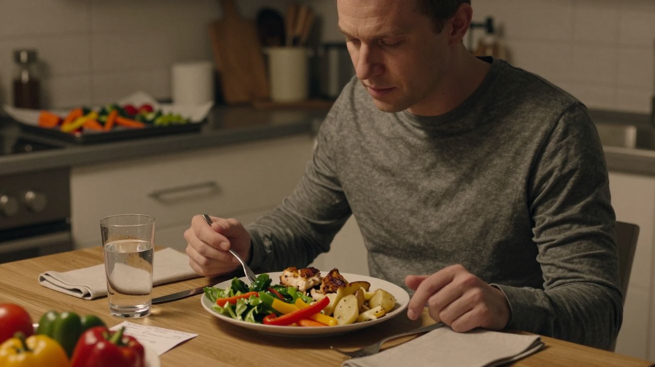 Man in grey jumper eating a meal with chicken, potatoes, and vegetables at a wooden kitchen table with glass of water.