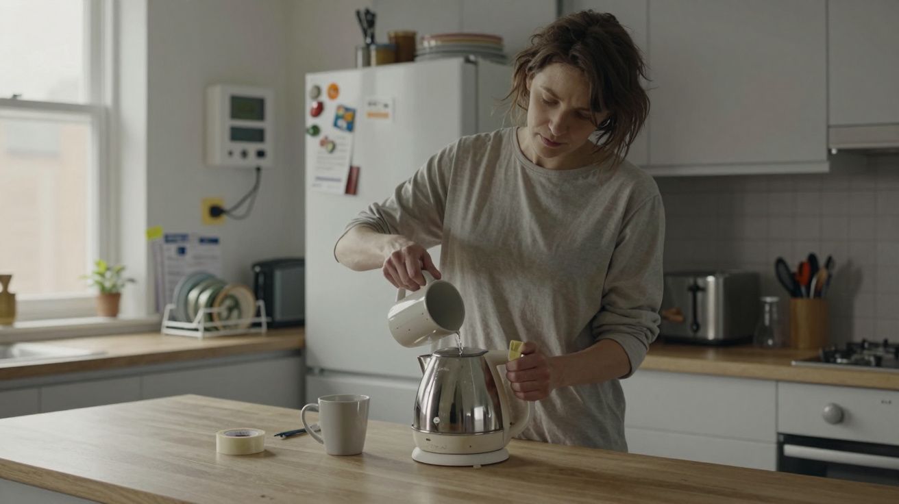 Person pouring water into a kettle in a modern kitchen with wooden countertops and white cabinets.