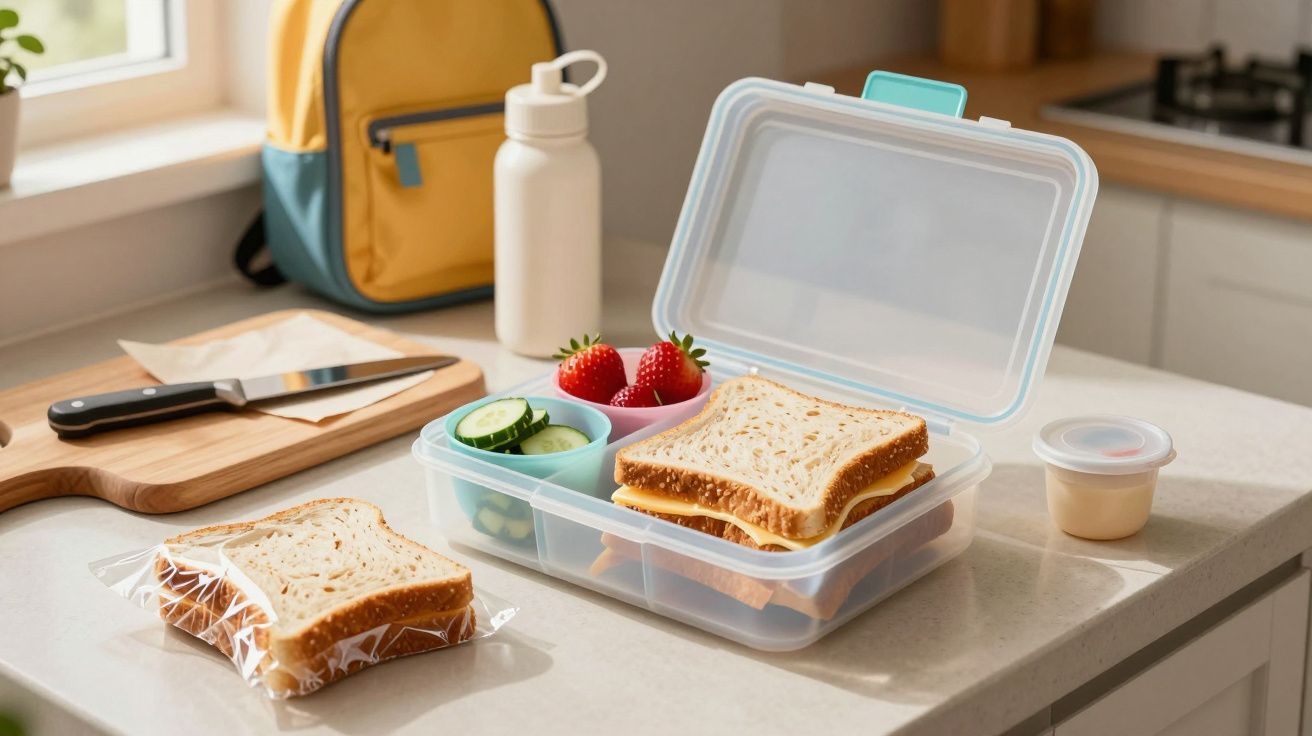 Lunchbox with sandwiches, cucumber, strawberries on a kitchen counter; nearby are a knife, water bottle, and backpack.