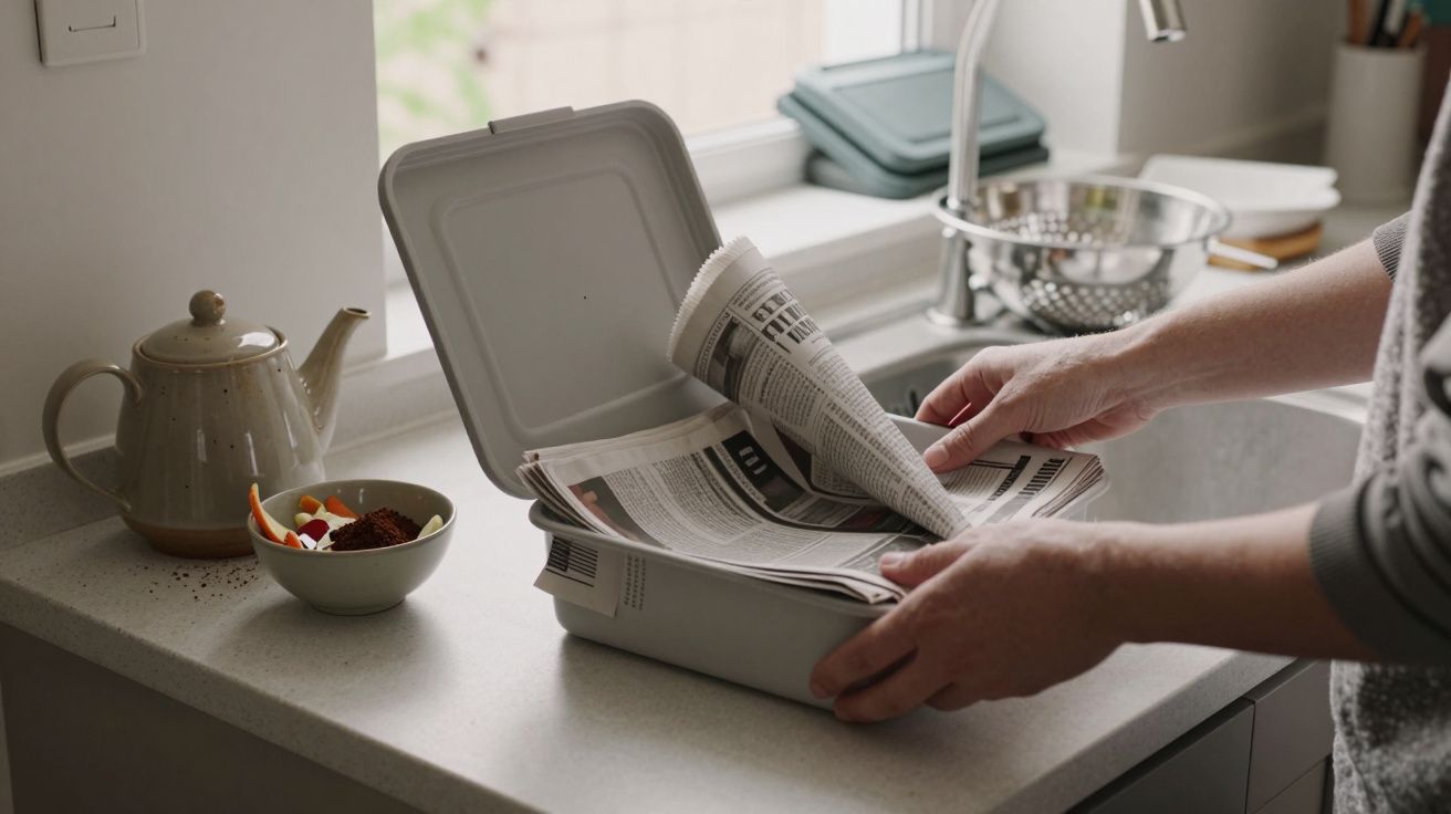 Person folding newspaper into a compost bin on a kitchen counter with a teapot and bowl nearby.
