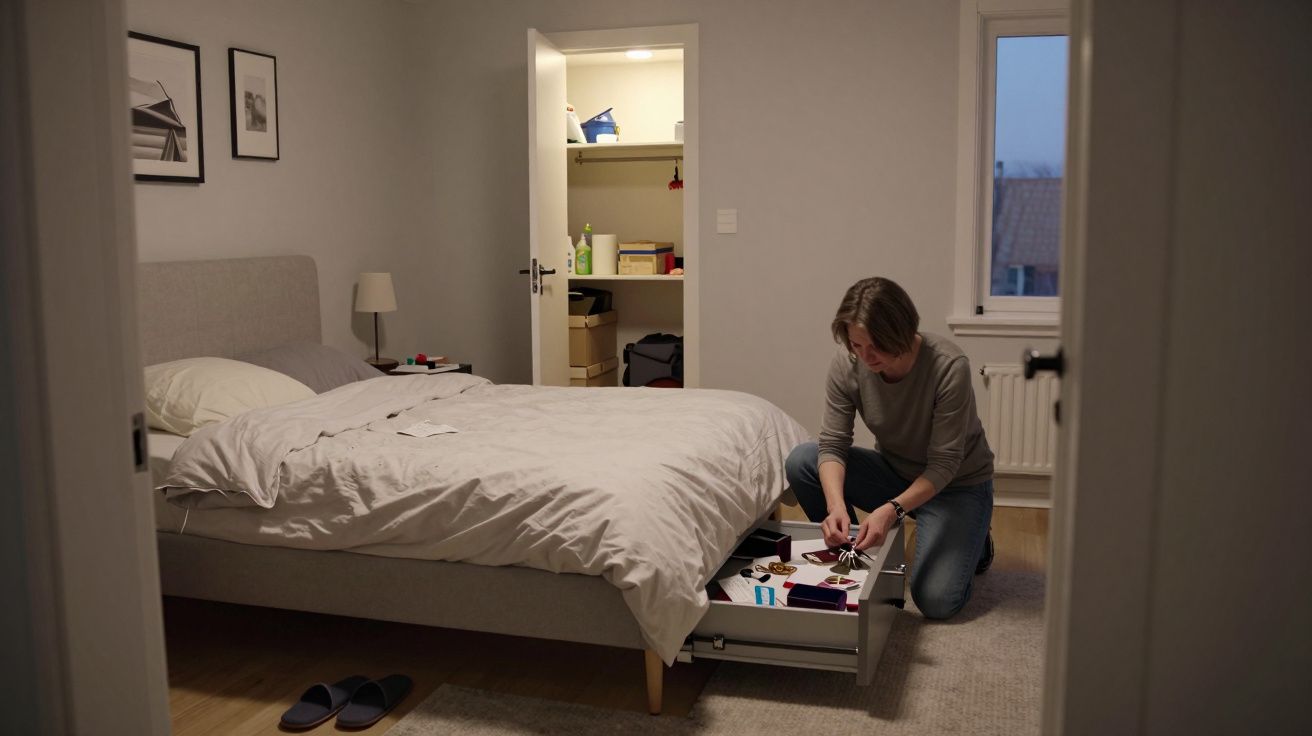 A person kneels by a bed in a tidy bedroom, sorting through items in an open drawer with clothes and cleaning supplies nearby