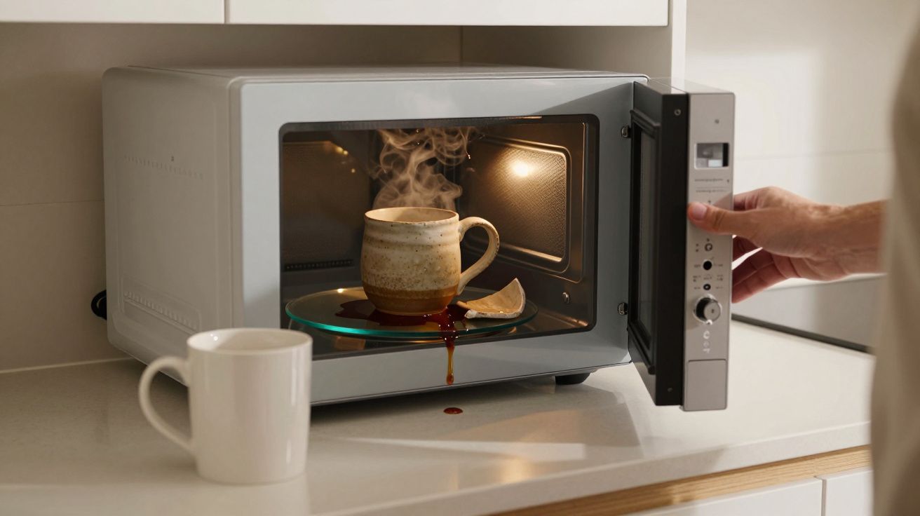 Hand opening a microwave with a steaming mug inside, coffee spilling on the plate, and another mug on the counter.