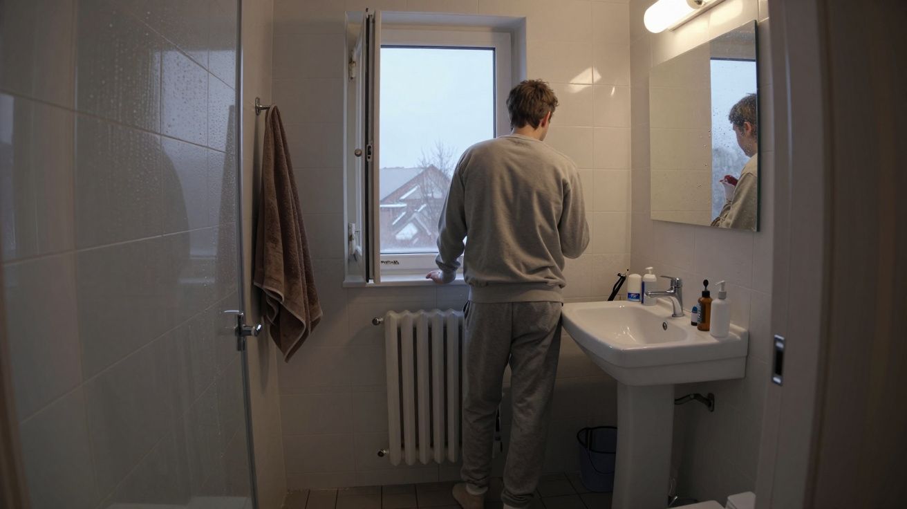 Man in grey pyjamas stands in a bathroom looking out of an open window on a rainy day.