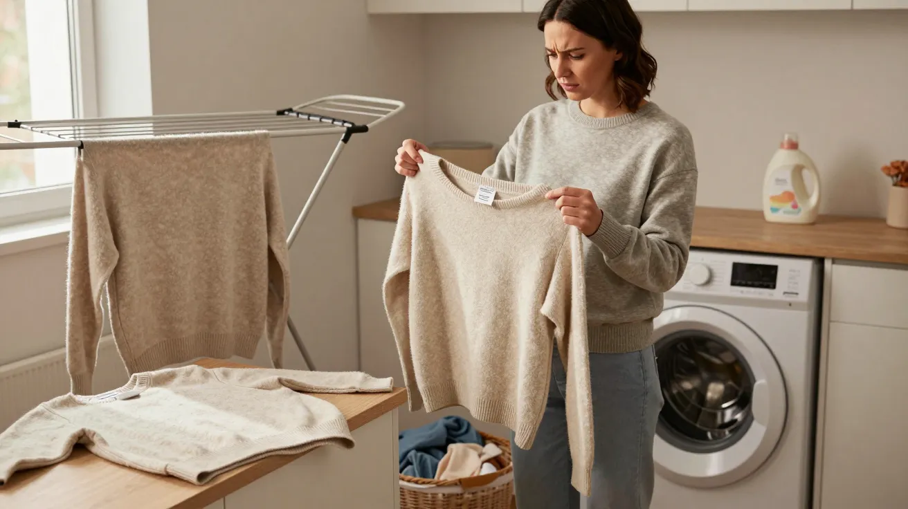 Woman looking at a beige jumper in a laundry room with a washing machine and drying rack, appearing concerned.