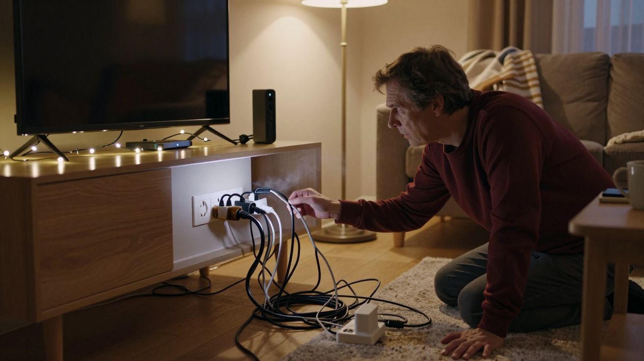 Man kneeling on floor, organising cables behind a TV unit in a cosy living room.