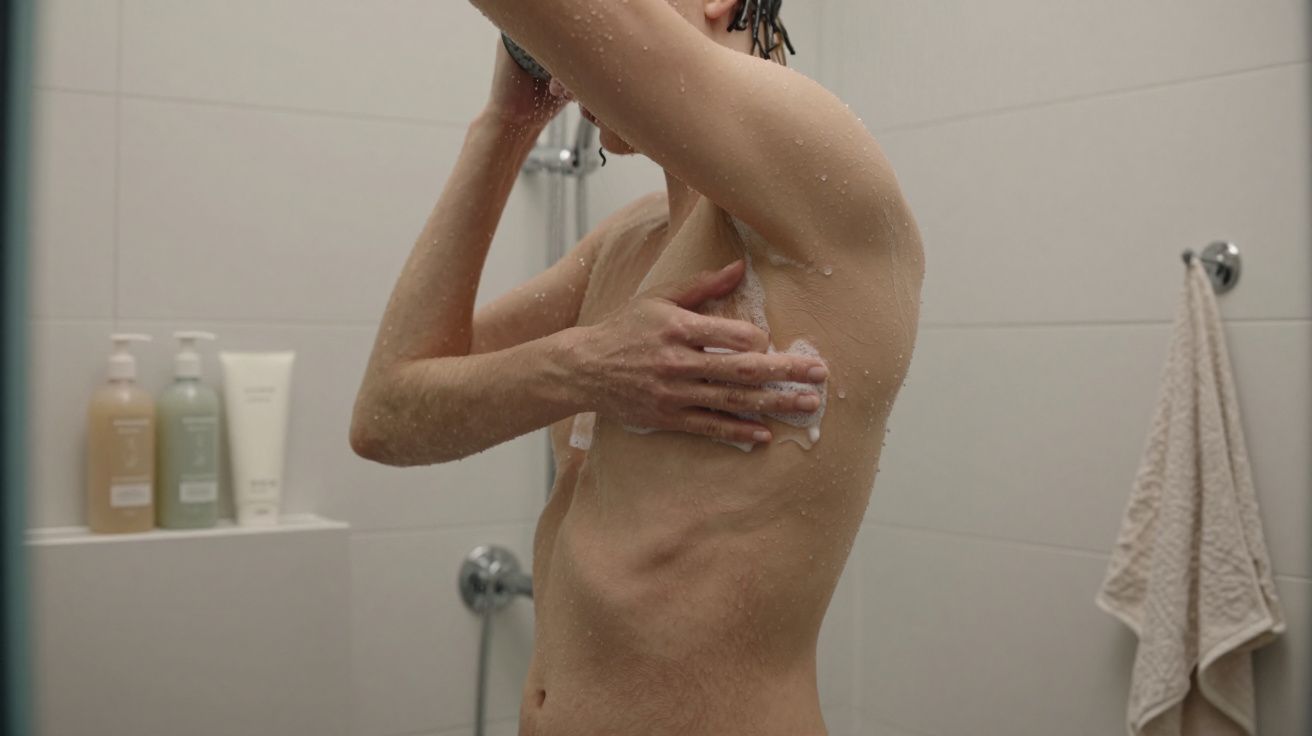 Person showering in modern bathroom, washing underarm, with shower products and towel visible.