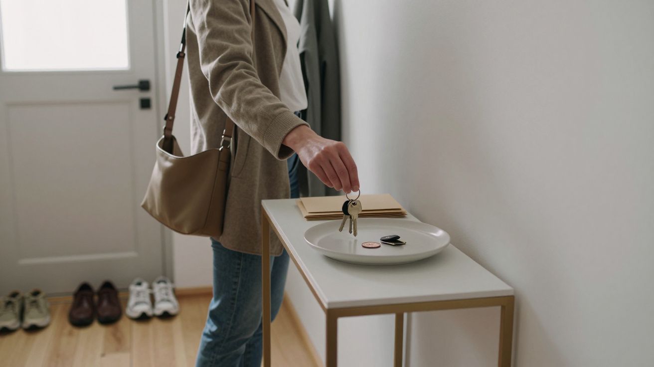 Person placing keys on a tray in a hallway next to a door, with shoes and a handbag nearby.