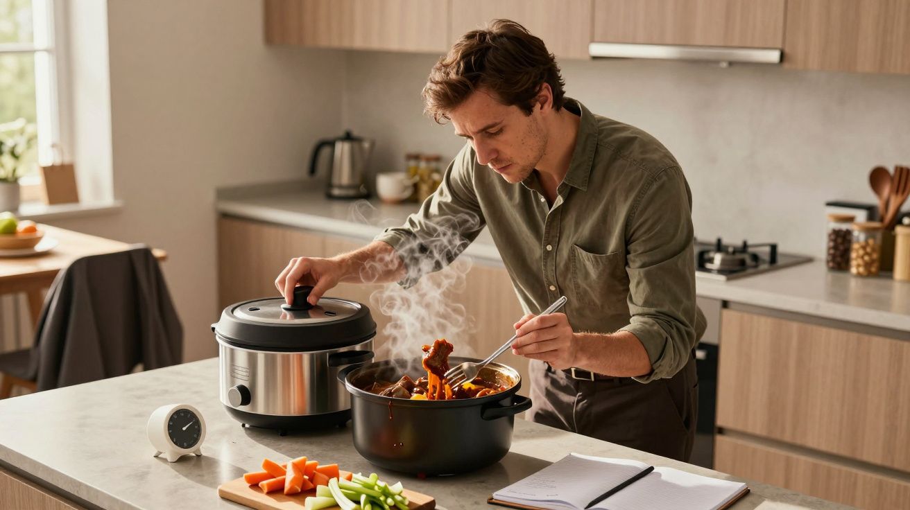 Man cooking with a slow cooker in a kitchen, stirring food in a pot with vegetables and a notebook nearby.