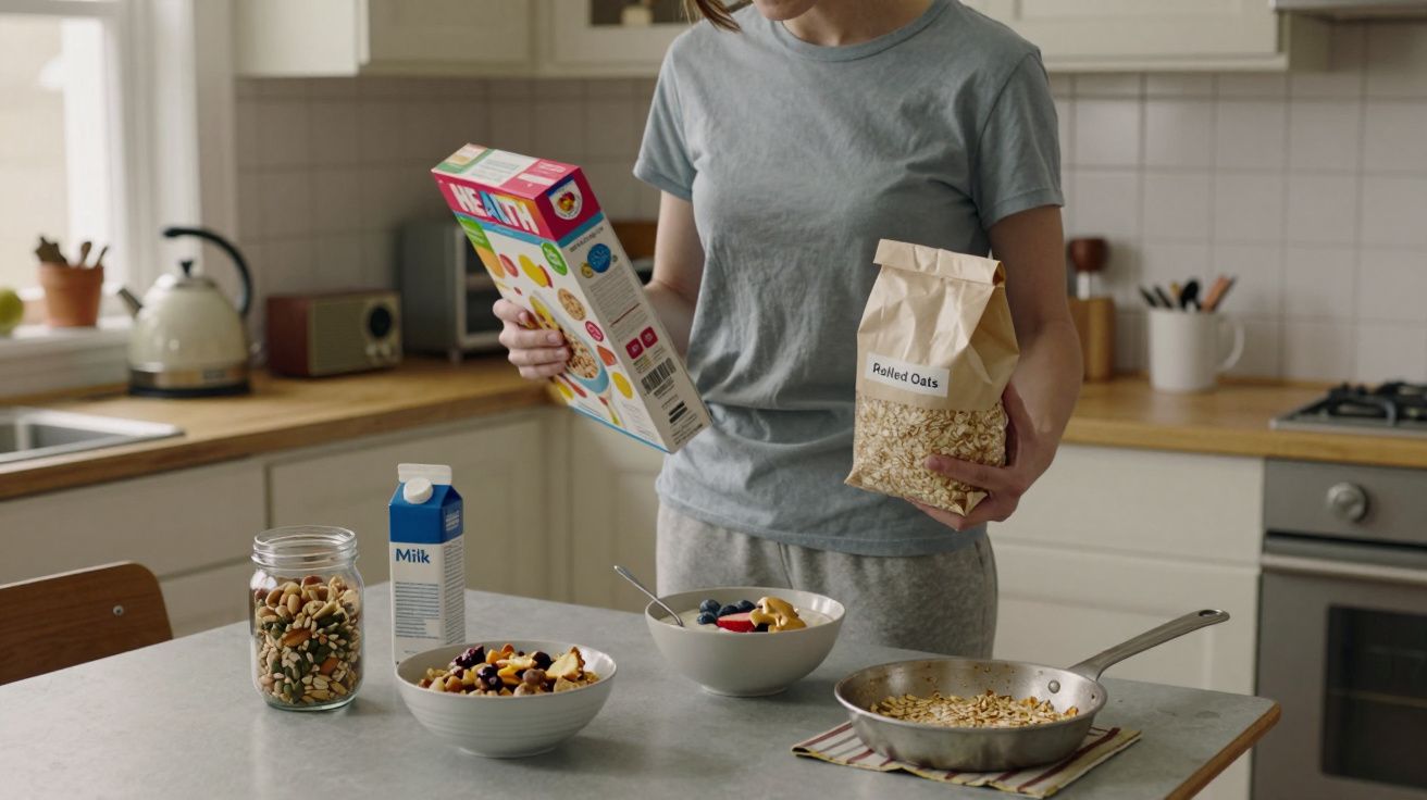 Person in a kitchen holding oats and cereal box, with bowls of cereal and fruit, nuts, and milk on the counter.
